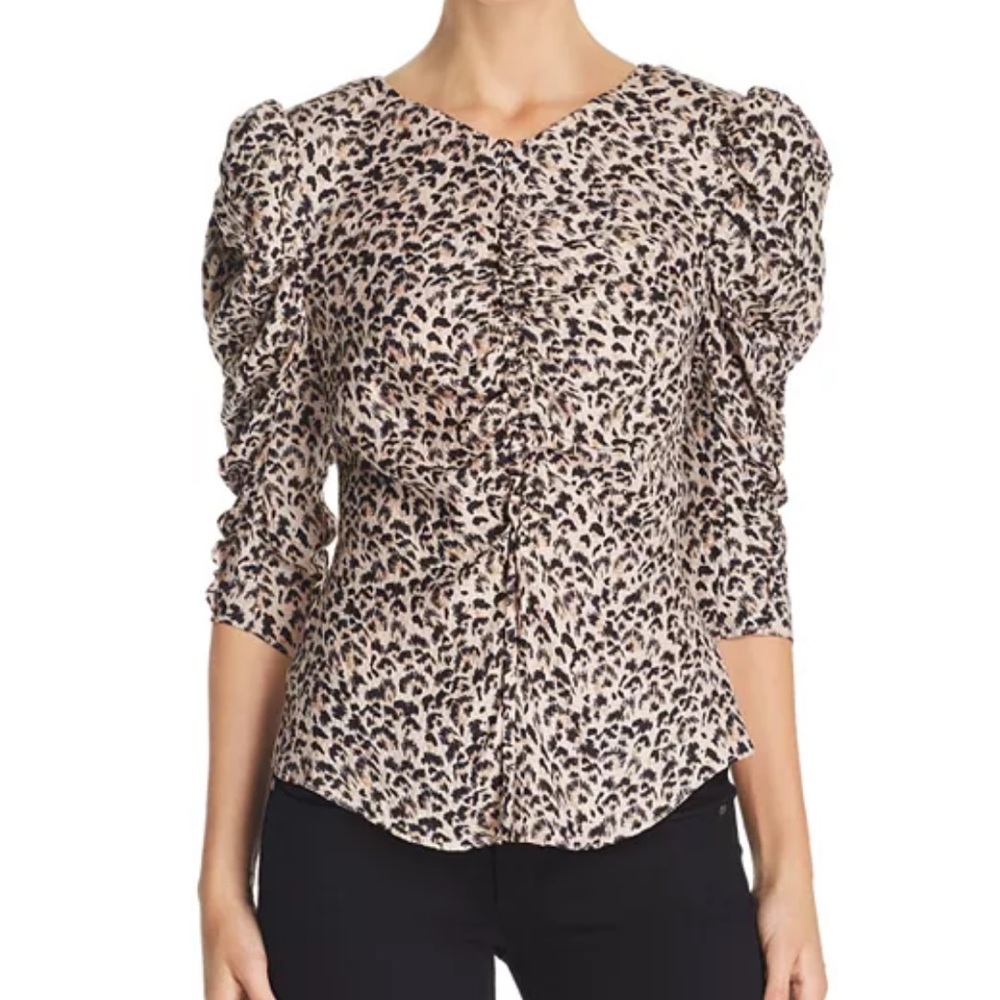 Rebecca Taylor Leopard silk blouse with puffy ruched sleeves and button up back
